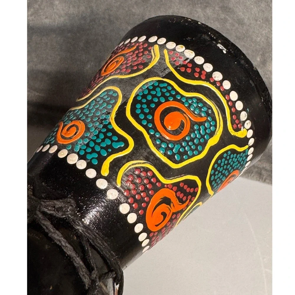Mini Djembe Drum 8" Wood Hand Made Painted Black Tribal Dot Art Boho Percussion - Picture 8 of 11
